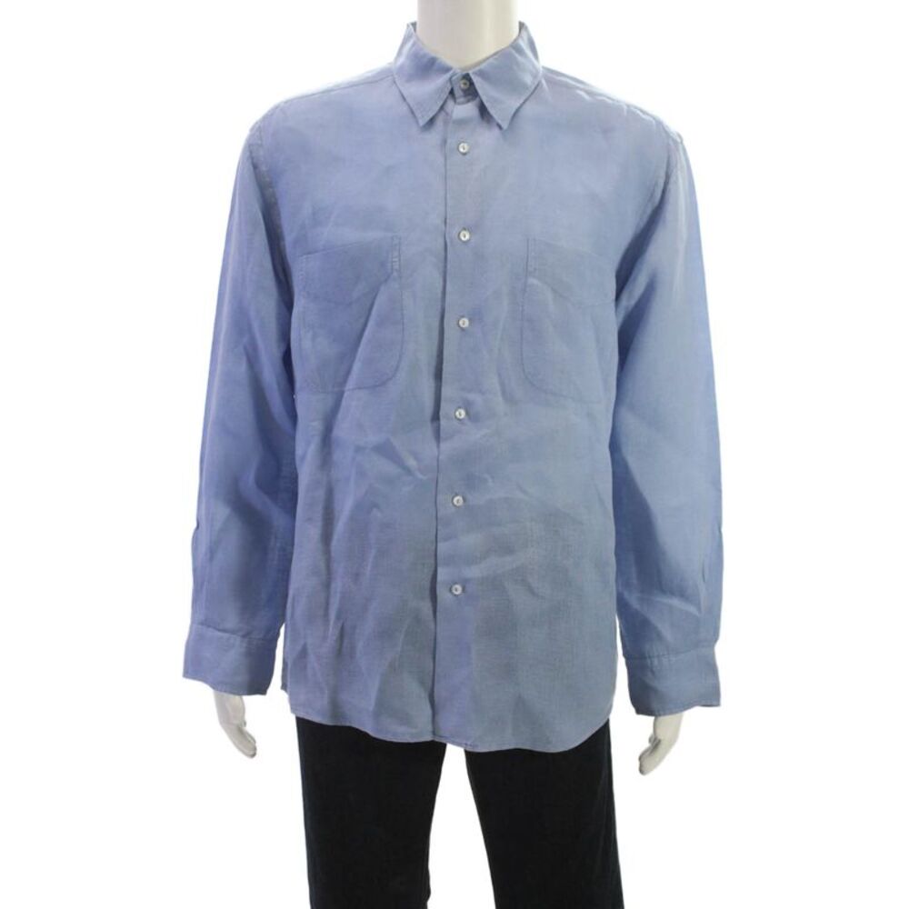 Europann Mens Linen Blue Button-Up Dress Shirt Long Sleeve Size 2